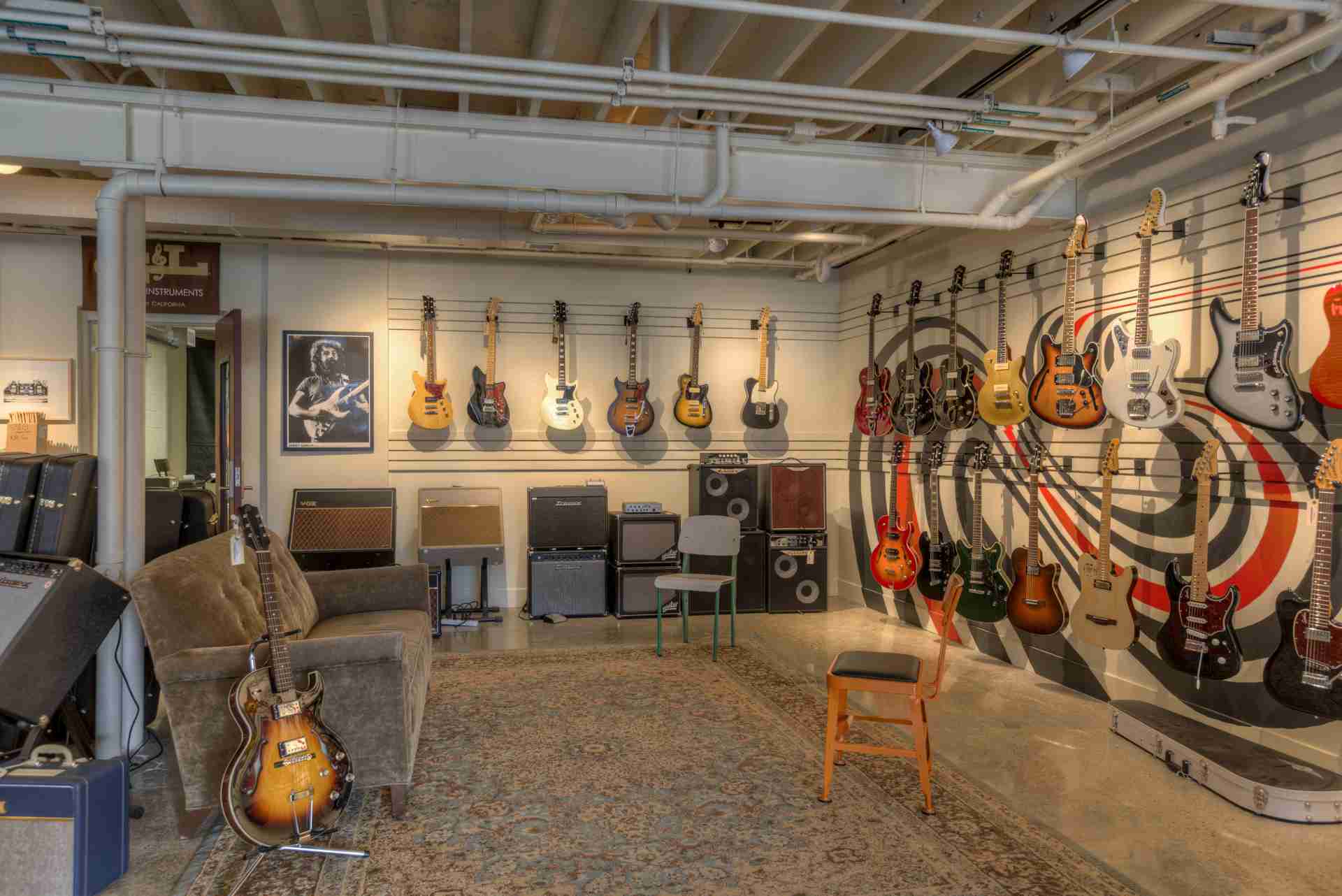 photograph of inside of a guitar shop